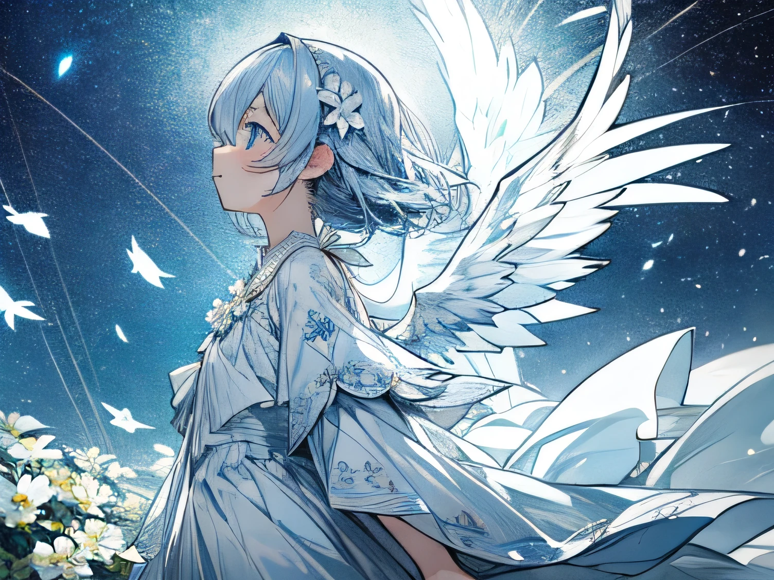 An angel is depicted with a pale and luminous complexion, their skin seemingly glowing with an otherworldly radiance. They are adorned with a pair of sparkling and graceful wings, symbolizing their divine nature. The scene is ethereal and enchanting, capturing the beauty and mystery of these celestial beings. angel, pale, luminous, complexion, glowing, otherworldly, radiance, sparkling, graceful, wings, divine, ethereal, enchanting, beauty, mystery.upper body,