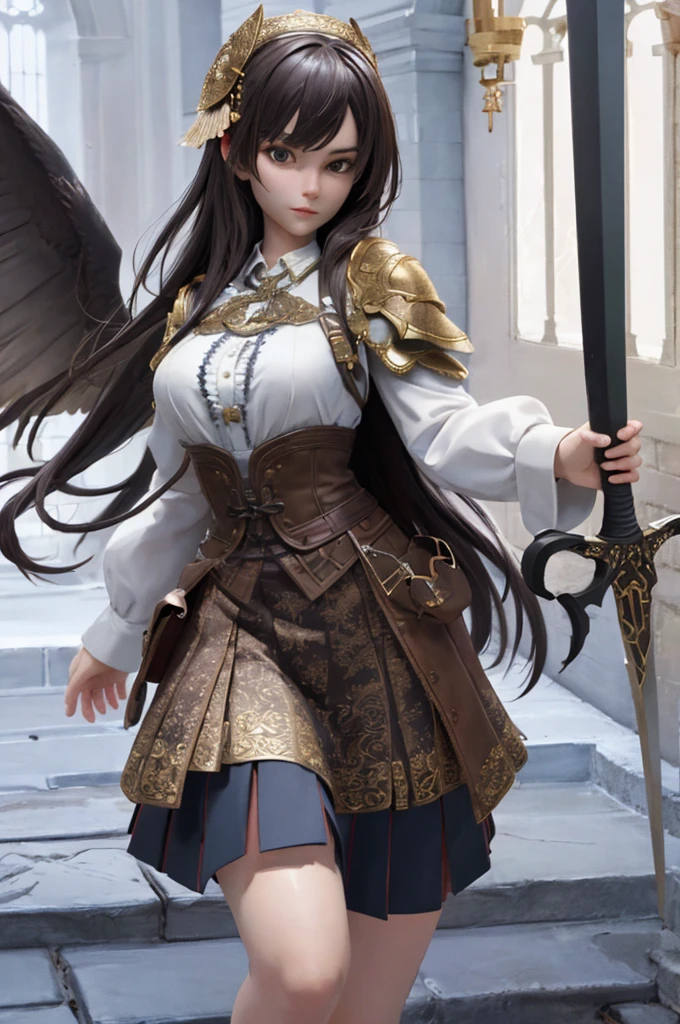 One girl, View your viewers,  Seraphim, Pleated skirt,  Holding a sword,
masterpiece, Highest quality, 8K, Detailed skin texture, Detailed cloth texture,  Beautifully detailed face, Intricate details, Super detailed