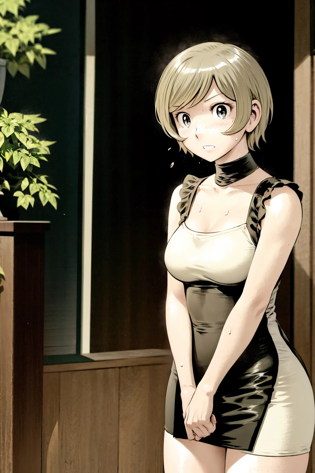 、(masterpiece、Highest quality)、Highest quality, Ultra-high resolution, (((masterpiece))), alone, Sweat、Big eyes, No sleeve、Outdoor、Floral dress、Composition from the front、（Cut the back hair short、short hair、blonde、woman）、Shortcuts、Embarrassed face、Cut your hair short、可愛いwomanの子、Big Breasts