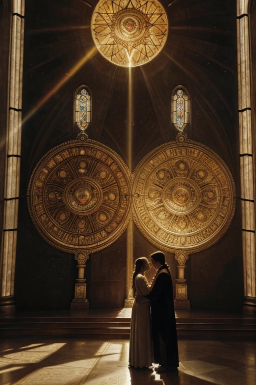 
a painting of two people standing in front of a sun, cathedral of sun, by Gustave Dore, alex grey and gustave dore, by Gustav Doré, by gustav dore, gustave dore' background, by Gustave Doré, gustave doré style, inspired by Gustave Dore, gustave dore style, inspired by Gustave Doré, praying at the sun