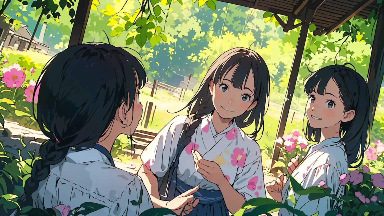Reasonable design, Clear lines, High Sharpness, (Highest quality,8K,Perfect sharpness,Ultra fine,High resolution,masterpiece:1.2), Perfect Anatomy:1.5, Official Art, Illustrations that tell a story, (Whitish background:0. 9)、Body Positivity、多Mr.な身体表現、(Random and energetic poses)、Perfect beauty、Perfect beautiful face、Strong winds、A rich expression、Dynamic composition、smile、Golden ratio composition、colorful、((Mr.々Different angles and perspectives))、Anime Art、(Mini dress)、(Overcoming stereotypes)、 Glowing Skin、(Natural beauty)、smile、Bangs、(Soft and flowing hair)、(countryside)、(Nostalgic atmosphere)、Put up to your feet、(Playful and carefree)、(多Mr.な民族のキャラクター)、(innocent attitude)、(Sunny atmosphere)、(The skirt flutters wildly in the wind)、(Bright colors)、Beautiful Eyes、(Embarrassing)、Braided Hair、Summer Scene、Smiling among flowers、Side angle、