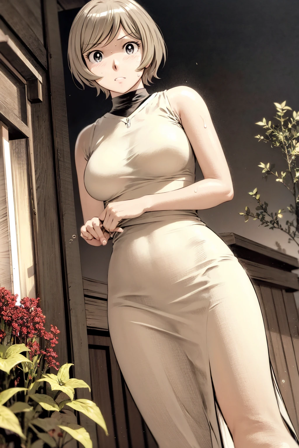 、(masterpiece、Highest quality)、Highest quality, Ultra-high resolution, (((masterpiece))), alone, Sweat、Big eyes, Please show me your armpits, No sleeve、Outdoor、Floral dress、Composition from the front、(Cut the back hair short、short hair、blonde、woman)、Shortcuts、Embarrassed face、Cut your hair short、可愛いwomanの子、Big Breasts
