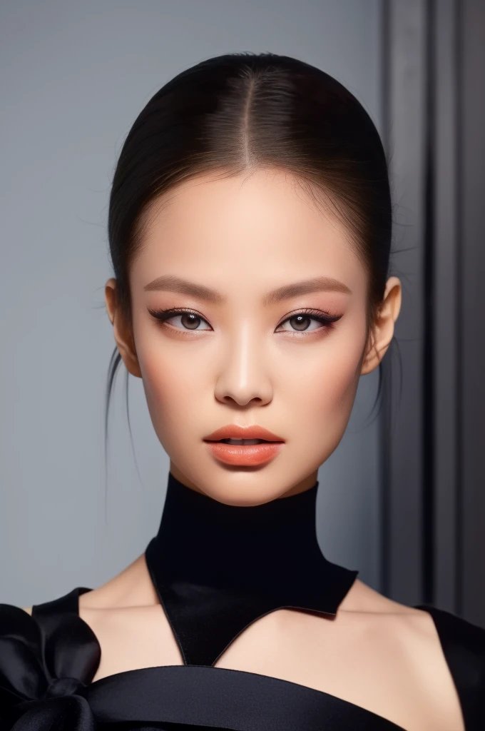 jennie1,1girl, solo, (realistic),(hyperrealism),(best quality),(masterpiece),(ultra high res),(photorealistic),(film grain),(upper body),eye makeup,detailed eyes,detailed face,black dress, posing for a photo, at the hallway 