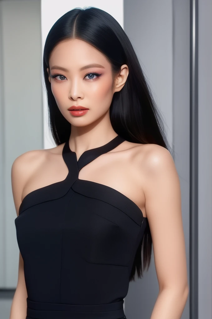 jennie1,1girl, solo, (realistic),(hyperrealism),(best quality),(masterpiece),(ultra high res),(photorealistic),(film grain),(upper body),eye makeup,detailed eyes,detailed face,black dress, posing for a photo, at the hallway