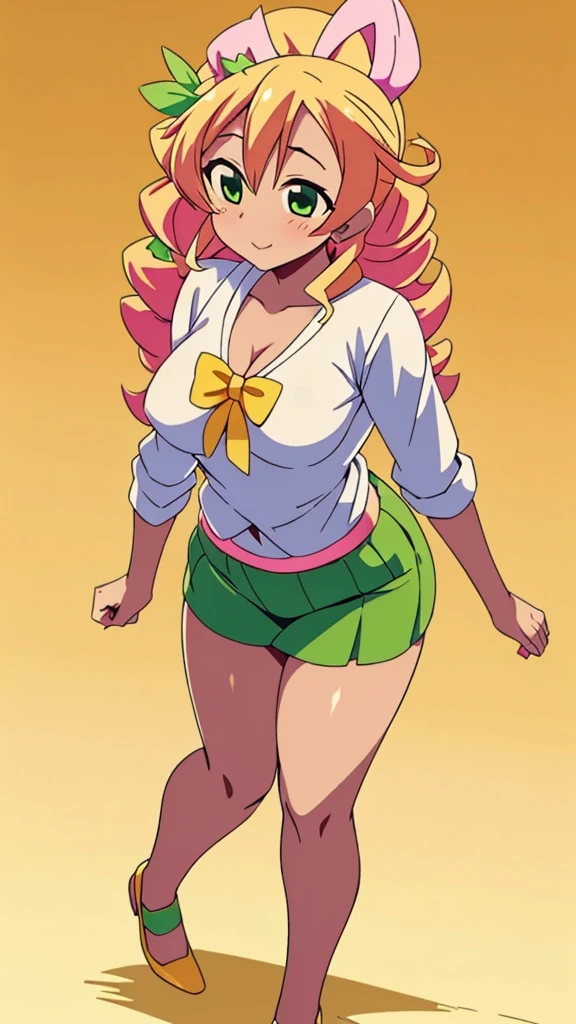 In anime A  demon girl Sexy young beautiful attractive beautiful popular yellow hair long curly menchon forehead pink bow her green eye dresses white blouse tied knot put on green bow chest shows navel curve wide sexy and her green skirt short black heel 