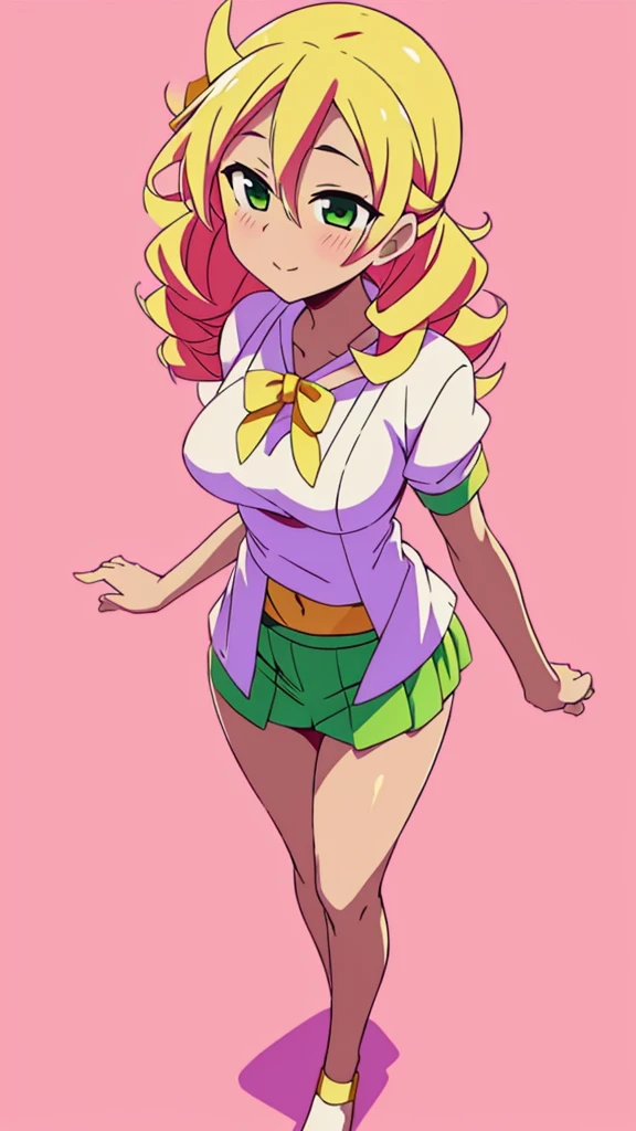 In anime A  demon girl Sexy young beautiful attractive beautiful popular yellow hair long curly menchon forehead pink bow her green eye dresses white blouse tied knot put on green bow chest shows navel curve wide sexy and her green skirt short black heel 