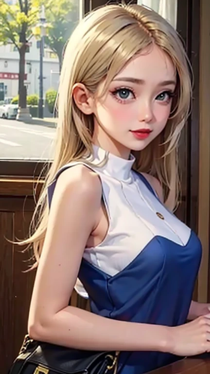 blush a little and smile, (Top quality masterpiece:1.2) Delicate illustrations, Very detailed, /Beautiful Japanese Women、1 person,Very cute and slim、Great style 、((8K images、super high quality))、Very delicate face, Skin and Hair、beautifule forehead、Red lipstick、(((((Mid-length hair、Blonde))))),Very cute Japanese cut face、Eyes and nose are clearly visible、Kind eyes,((((Sleeveless fashion))))