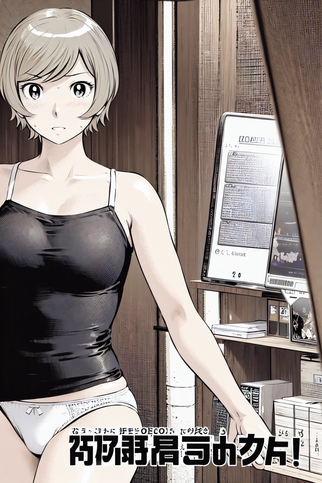 、(masterpiece、Highest quality)、Highest quality, Ultra-high resolution, (((masterpiece))), alone, Sweat、Big eyes, In underwear、bra、Panties、Small underwear、Composition from the front、(Cut the back hair short、short hair、blonde、woman)、Shortcuts、Embarrassed face、Cut your hair short、可愛いwomanの子、Big Breasts