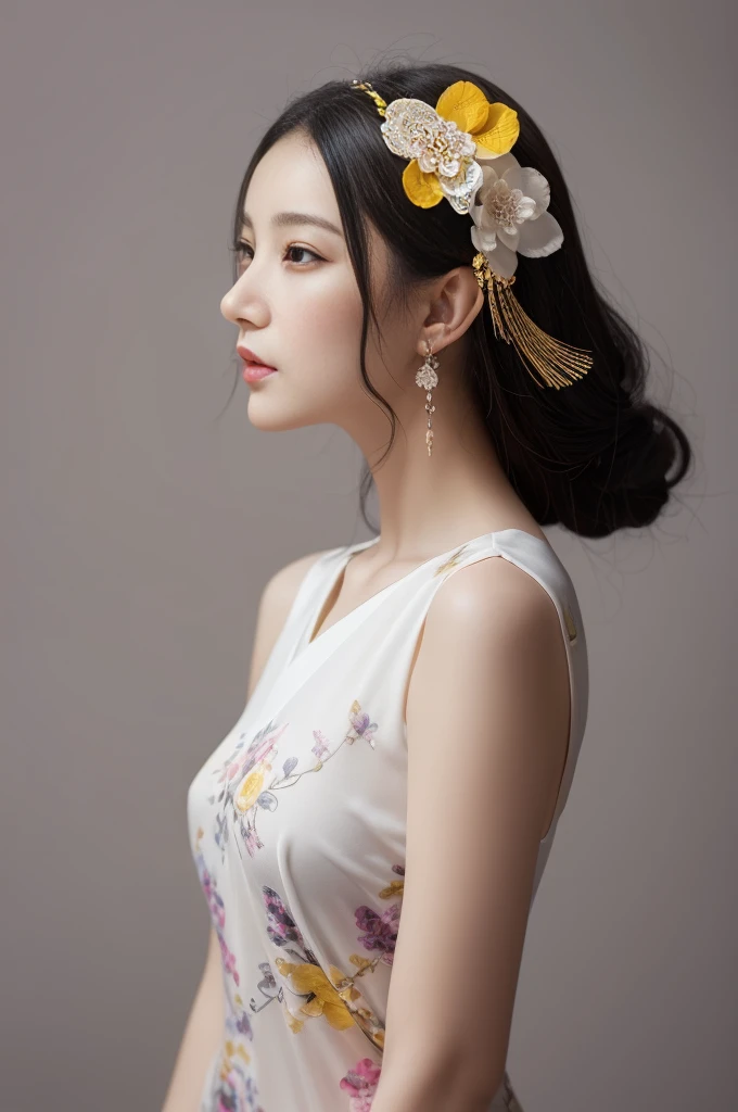1girl,solo,yellow hanfu,Gray background,Half body masterpiecesee-through,floral print,hair ornament,jewelry,earrings,best quality,Cold and proud,