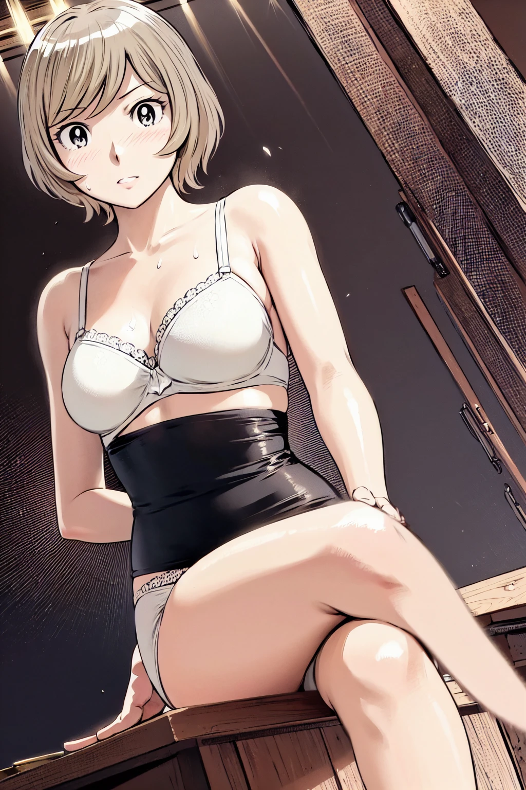 、(masterpiece、Highest quality)、Highest quality, Ultra-high resolution, (((masterpiece))), alone, Sweat、Big eyes, In underwear、bra、Panties、Small underwear、Composition from the front、(Cut the back hair short、short hair、blonde、woman)、Shortcuts、Embarrassed face、Cut your hair short、可愛いwomanの子、Big Breasts