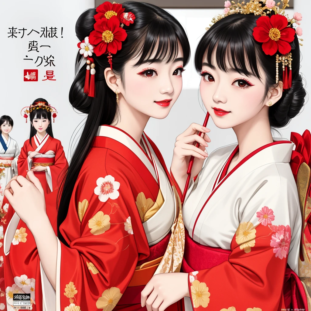 7 sisters, 7 girls with different faces and expressions, dancing gracefully, small faces, top quality, masterpieces, black hair, bun hair, wide angle, diagonally above the waist, magazine cover pose, 8K high resolution, Masterpiece, high resolution, realistic and beautiful light and shadow, top quality, high resolution, very delicate and beautiful, beautiful 8K face, smile and smile. Seven beautiful Japanese girls with eyes, transparent skin, soft hair, eight heads, Japanese style kimonos with red, pink and orange floral patterns on a white background, yukatas, small faces, thin and small noses, red lipstick , glossy skin, very thin eyebrows, overall super high resolution, Maiko-style makeup, fair skin, long and beautiful eyelashes, glossy skin, red cheeks, holding a flower hat prop in one hand, dance, Kasa Odori, Kasanihi Odori, Japan Dance, festival, movie poster style