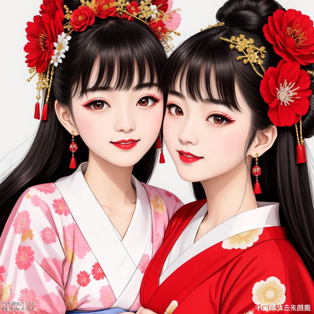 7 sisters, 7 girls with different faces and expressions, dancing gracefully, small faces, top quality, masterpieces, black hair, bun hair, wide angle, diagonally above the waist, magazine cover pose, 8K high resolution, Masterpiece, high resolution, realistic and beautiful light and shadow, top quality, high resolution, very delicate and beautiful, beautiful 8K face, smile and smile. Seven beautiful Japanese girls with eyes, transparent skin, soft hair, eight heads, Japanese style kimonos with red, pink and orange floral patterns on a white background, yukatas, small faces, thin and small noses, red lipstick , glossy skin, very thin eyebrows, overall super high resolution, Maiko-style makeup, fair skin, long and beautiful eyelashes, glossy skin, red cheeks, holding a flower hat prop in one hand, dance, Kasa Odori, Kasanihi Odori, Japan Dance, festival, movie poster style