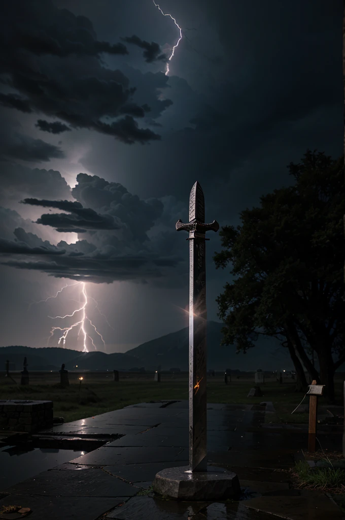 A sword stuck in a ritual stone surrounded by lightning surrounds the sword