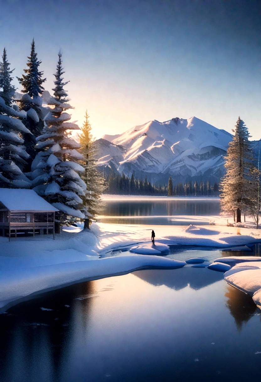 (best quality,4K,8K,high resolution,masterpiece:1.2),Extremely detailed,(Practical,Reality,Photo-realistic:1.37),Winter theme,landscape,Refreshing and cool color,Soft and warm lighting,Icy atmosphere,Golden Sunshine,Icy reflections,snow capped mountains,Sparkling snowflakes,evergreen tree,Melting icicles,Tranquil lake,calm silence,breeze,A bit magical,Nostalgia,Artistic brushstrokes,Subtle textures,Fine details,Detailed foreground elements,Magnificent view,salient point of view,Vibrant brushstrokes,Layered Composition,Vivid winter hues,A carefully crafted balance,Dramatic Depth,Peaceful winter scenery,Ethereal Beauty,Winter Wonderland,Vibrant winter fantasy,Superb craftsmanship,Exquisite Art,Fascinating winter stories,Excellent use of light and shadow,Dreamy atmosphere,Dancing gracefully in the wind,One with nature,Tempting sense of adventure,Solemn and friendly,Winter Hug,Time freezes instantly，In the distance, 