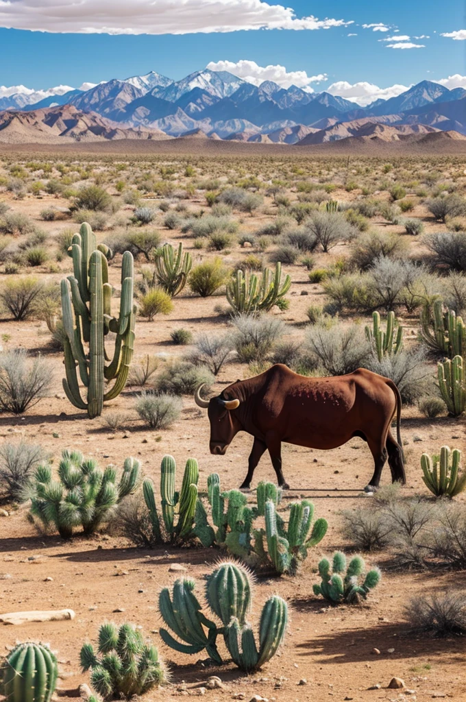 Ranch in a desert with mountains, a bull next to a cactus with 6 prickly pears in the background, some adode houses 