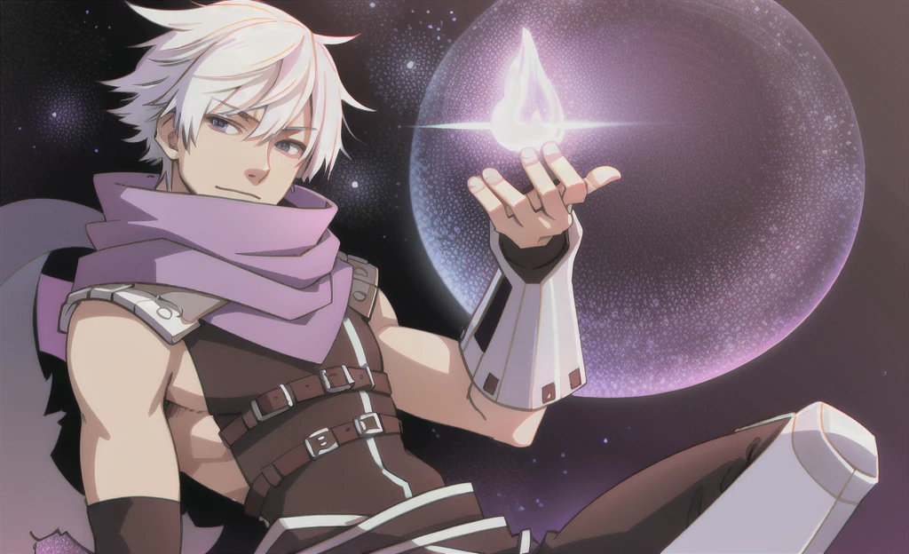 1 male, white hair, handsome, purple eyes, Hand holding a scientific flask, Moderate breath ,scarf, market background, medicine stall, Trial bottle, light particles, Magical light, daytime