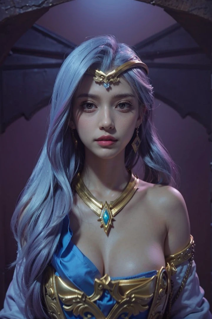 1 Girls,
upper body,
portrait,
(Curvaceous body:0.8),
Shoulders exposed,
The hand is in front of the navel,
Angel Face,
detailed face,
with backlight,
Facial light,
(Doya face),
(The perfect female figure),
(sharpening Focus),
(Realistic Moisture Skin),
Detail Eyes,
(Curvaceous body:0.8),
(Wavy hair:1.2),
(Purple and light blue hair:1.2),
(side braid),
Golden Choker,
Flesh-colored costumes,
maximum quality,
ultra-high-res,
(photo-realistic),
(face focus:1.2),
(character focus),
hetero,
(pureerosface_v1:0.6),