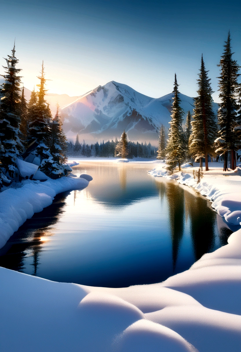 (best quality,4K,8K,high resolution,masterpiece:1.2),Extremely detailed,(Practical,Reality,Photo-realistic:1.37),Winter theme,landscape,Refreshing and cool color,Soft and warm lighting,Icy atmosphere,Golden Sunshine,Icy reflections,snow capped mountains,Sparkling snowflakes,evergreen tree,Melting icicles,Tranquil lake,calm silence,breeze,A bit magical,Nostalgia,Artistic brushstrokes,Subtle textures,Fine details,Detailed foreground elements,Magnificent view,salient point of view,Vibrant brushstrokes,Layered Composition,Vivid winter hues,A carefully crafted balance,Dramatic Depth,Peaceful winter scenery,Ethereal Beauty,Winter Wonderland,Vibrant winter fantasy,Superb craftsmanship,Exquisite Art,Fascinating winter stories,Excellent use of light and shadow,Dreamy atmosphere,Dancing gracefully in the wind,One with nature,Tempting sense of adventure,Solemn and friendly,Winter Hug,Time freezes instantly,