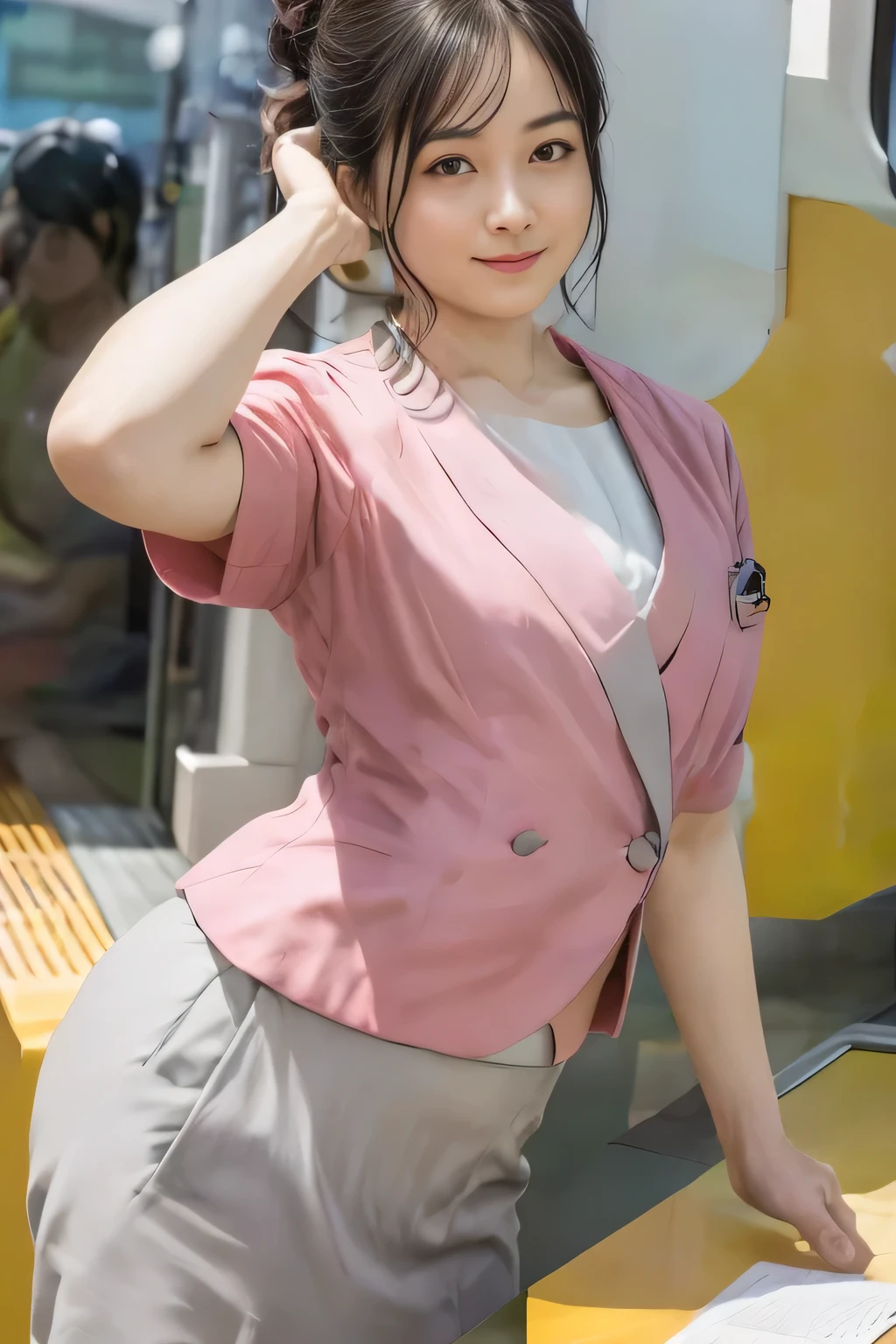 (masterpiece:1.2, Highest quality:1.2), 32k HDR, High resolution, (alone、1 girl)、 (Height: 160cm)、(On the rooftop of a building in the daytime、Professional Lighting)、Building rooftop background、(Nankai train crew uniform pinkを着たリアルスタイル)、(Nankai train crew uniform pink short sleeve collarless pink jacket、Nankai Train Crew Uniform Pink Collarless Short Sleeve Blouse、Nankai Train Crew Uniform Pink Grey Knee-length Culottes)、(The pink jacket is showing from the culottes.)、Dark brown hair、(Hair tied up、Hair tied up、Evening curly hairstyle)、Dark brown hair、Long Shot、Big Breasts、Thin legs、((Great hands:2.0)),((Harmonious body proportions:1.5)),((Normal limbs:2.0)),((Normal finger:2.0)),((Delicate eyes:2.0)),((Normal eyes:2.0)))、smile、(Nankai Train Crew Uniform Pink Grey Knee-length Culottesを見せた美しい歩く姿)、Place your hands around your stomach、Lanyard employee ID card