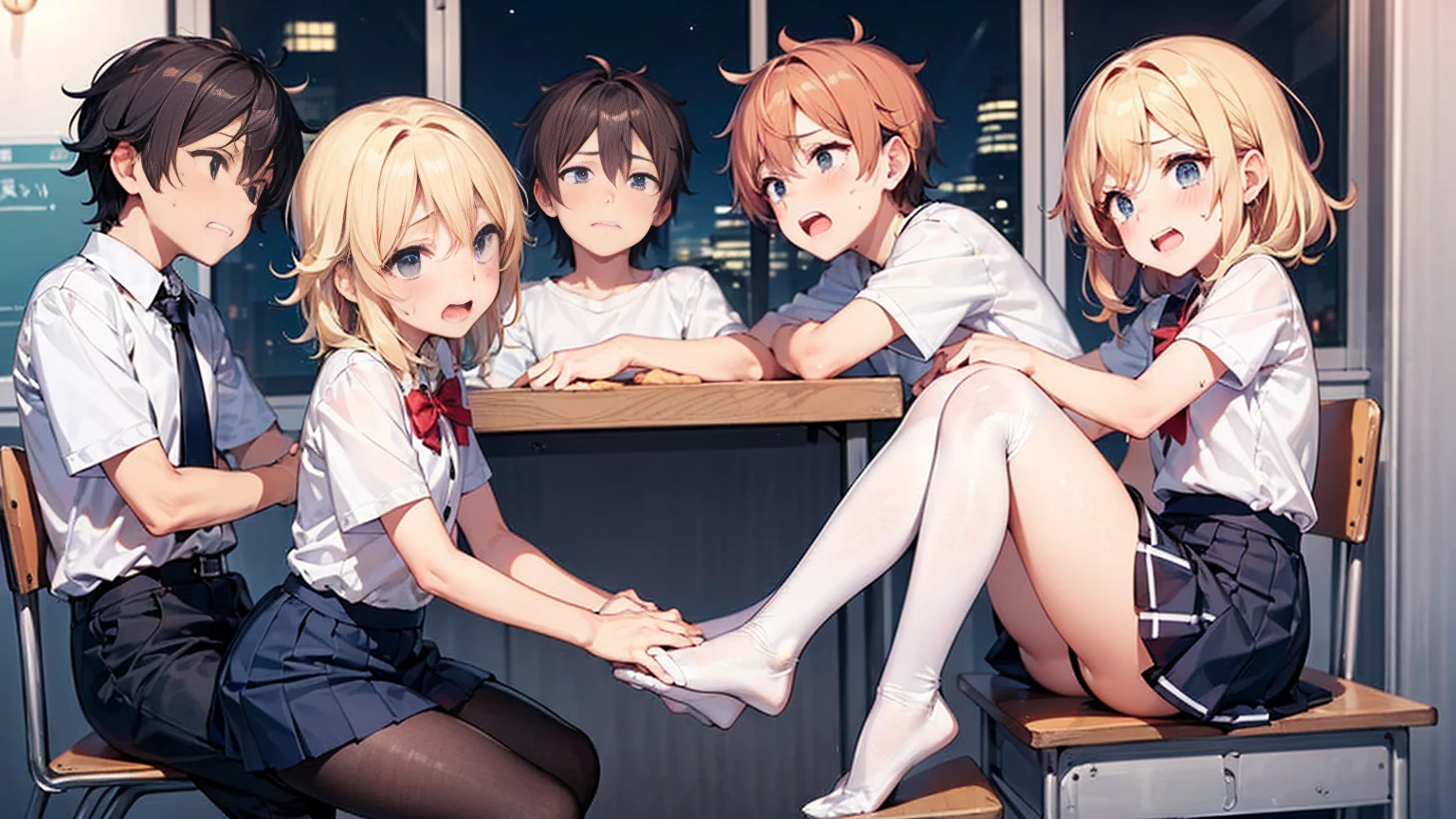 Highest quality,Highest quality,One girl,Multiple Boys,(((()))), surrounded by boys,Flat Chest,orgasm,blush, Sweat, Sakurai Momoka,Blonde,White Sarah Outfit,Navy Blue Skirt, Not a pleated skirt,whole body,Night Classroom, Grey pantyhose、Flipping up a navy blue skirt、Spread your legs
