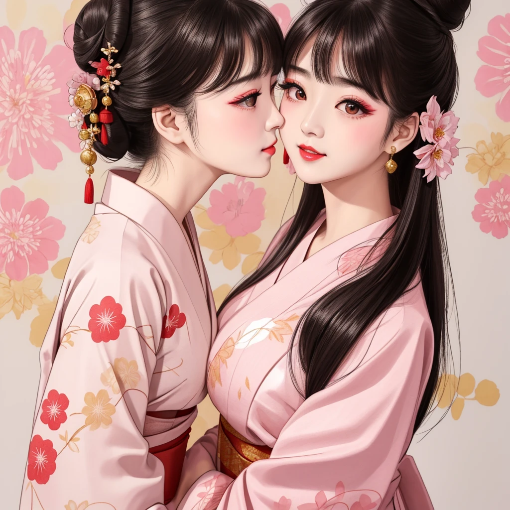 Each has a different expression２People and sisters、(２ girls）、｟Dancing traditional arts with grace)、((Big Breasts、Small Face、Not exposed))、Highest quality、masterpiece、（Black Hair、Bun Hair）、Brown Eyes、｟Wide angle、Angle from above the waist、雑誌の表紙のPause、Their gazes are different, staring into the distance｠、(８K High Quality、masterpiece、High resolution、Realistic and beautiful light and shadow、(Highest quality)、(High Resolution)、(Very delicate and beautiful)、(Beautiful 8k face)、(With a smile、Beautiful eyes)、(Clear skin)、(Soft hair)、(８Head to Body)、(A Japanese style yukata kimono with red, pink and orange floral patterns on a white background, interspersed with gold powder、Wearing a yukata２Beautiful Japanese girls)、((Tanabata decoration background))、((Small Face))、(arms up)、Thin and small nose、（Red lipstick）、（Make your cheeks red）、（Glossy skin）、((Ink painting style))、Very thin eyebrows、Overall ultra-high image quality、（She is wearing maiko-style makeup.）、Whitening、Long and beautiful eyelashes、Glowing Skin、（Red cheeks）,Straight nose、masterpiece、Highest quality、whole body、 Eyebrows visible through hair、Bun Hair、Grin、Gal、コGal、Viewer&#39;s Eyes、Plaid、Stylish、woman、fine、Pause、
Waiting to start 
