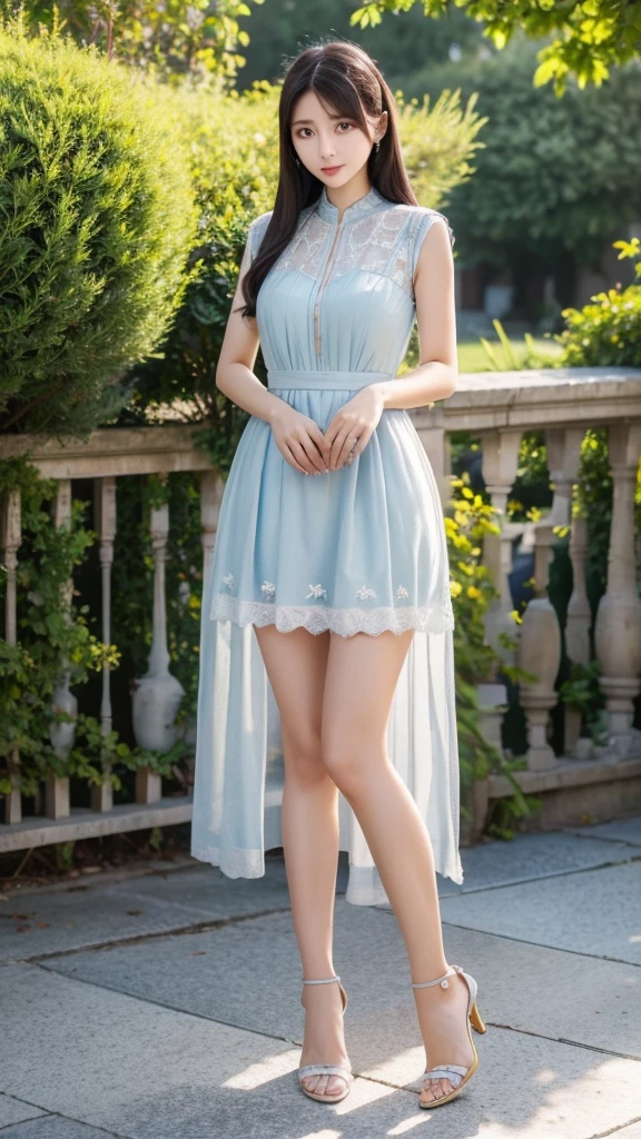 Quran dress、(Highest quality)、((Very detailed))、4K、(8K)、masterpiece、Very detailedな、Highest quality、Super Resolution、1 person、Kind Face、Soft Light、RAW quality、Soft Skin、163cm、High heels、Thighs、Garden Terrace、Standing posture