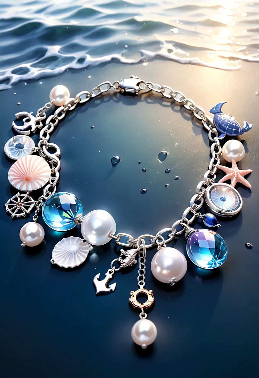 A shiny silver bracelet, on the wrist, (marine-themed charms:1.5), pearls, transparent colorful beads, delicate thin chain, (best quality, 4k, 8k, highres, masterpiece:1.2), ultra-detailed, (realistic, photorealistic, photo-realistic:1.37), intricate jewelry design, exquisite craftsmanship, shimmering metallic, ocean-inspired, iridescent pearls, vibrant hues, delicate filigree, elegant accessory, feminine aesthetics, close-up, detailed texture, soft focus, warm lighting