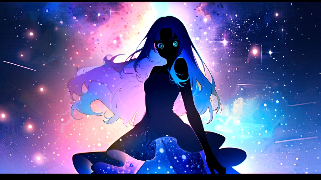 16k, (double exposure:1.05 silhouette: 1.1) (many detailed particles light) (background is Galaxy Nebula, many:1.4 Particles Colorful Light), wearing layered one piece dress, 15 yo, frontale forehead blue hair long hair, lovely blue @_@eyes girl, love smile.