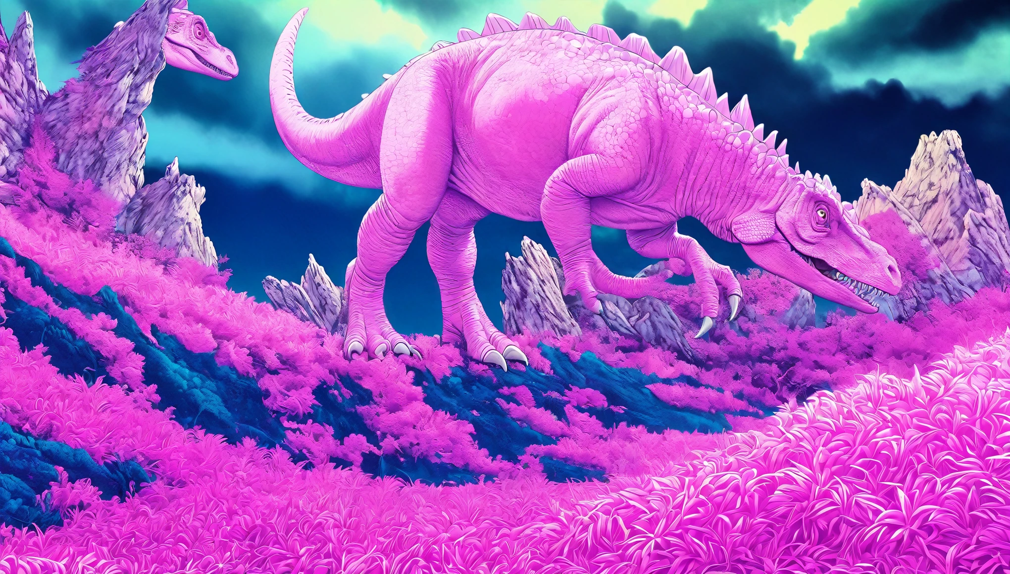 Pink Dinosaur, Surrealism, hyperRealistic, detailed fur texture, Realistic anatomy, Dynamic pose, Dreamy Background, Vibrant colors, Dramatic lighting, Mysterious atmosphere, (Highest quality,8K,High resolution,masterpiece:1.2),Super detailed,(Realistic,photoRealistic,photo-Realistic:1.37)