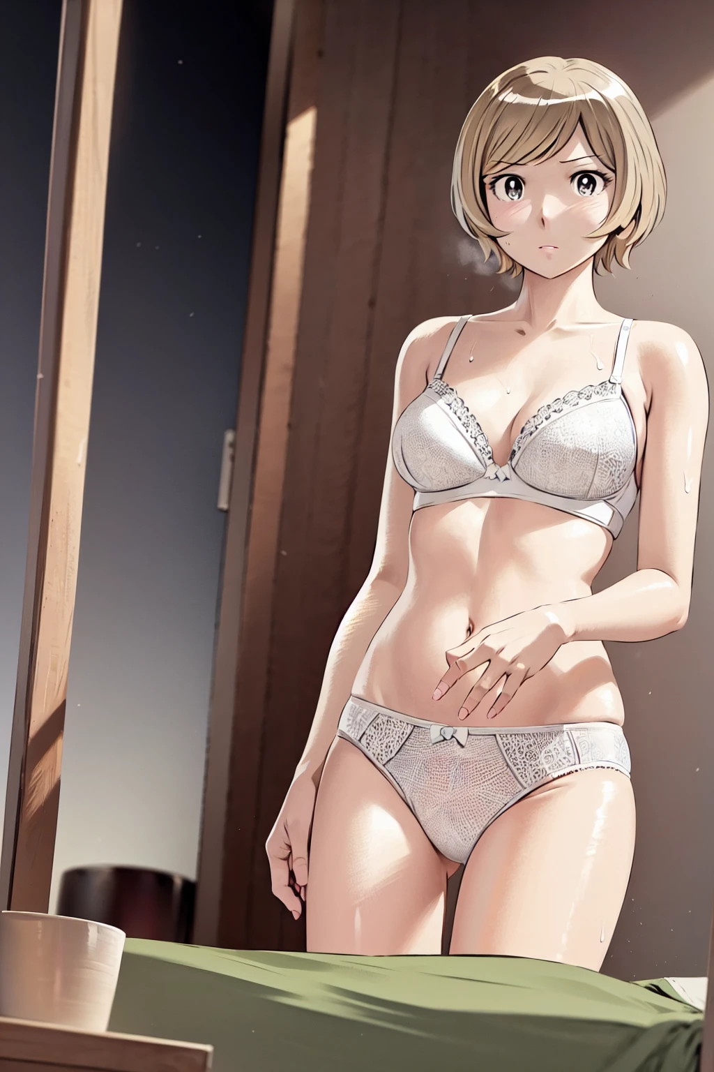、(masterpiece、Highest quality)、Highest quality, Ultra-high resolution, (((masterpiece))), alone, Sweat、Big eyes, In underwear、bra、Panties、Small underwear、Composition from the front、(Cut the back hair short、short hair、blonde、woman)、Shortcuts、Embarrassed face、Cut your hair short、可愛いwomanの子、Big Breasts