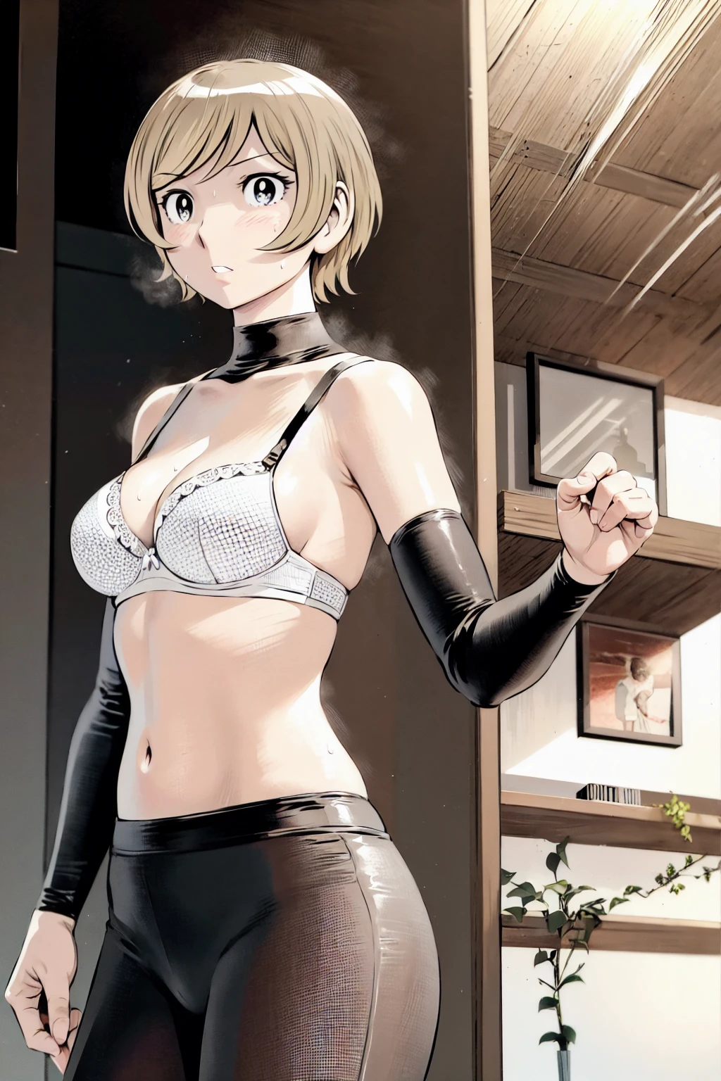 masterpiece, best quality, blonde messy hair, green eyes, headband, maid, kitchen, upper body, strong abs, hands on hips, leather collar choker