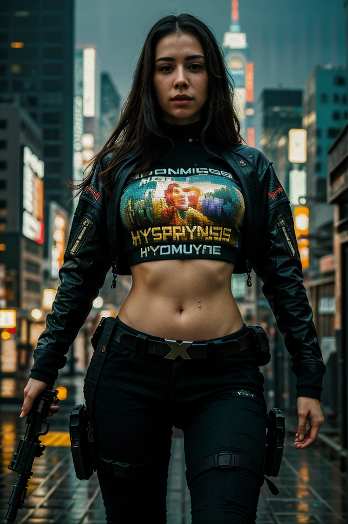 woman holding gun, dynamic pose, mad-cybrpnkimprss, cyberpunk, impressionism, (masterpiece:1.2), best quality, (hyperdetailed, highest detailed:1.2), high resolution textures