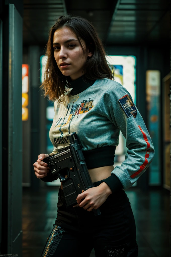 woman holding gun, dynamic pose, mad-cybrpnkimprss, cyberpunk, impressionism, (masterpiece:1.2), best quality, (hyperdetailed, highest detailed:1.2), high resolution textures
