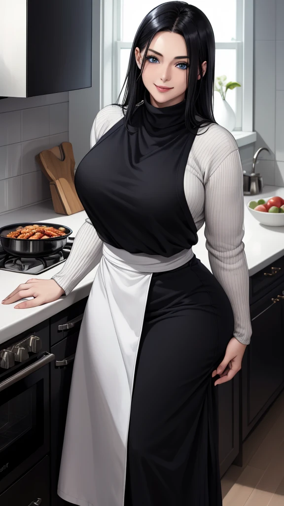 ((real))、(masterpiece、highest quality)、hot (mature woman)、Woman Standing In Kitchen、wearing a white turtleneck sweater、wide hips、Wearing a black apron、(hair combed back)、Long skirt、smile、facing the viewer、closet、stove、window、blue eyes、black shiny hair