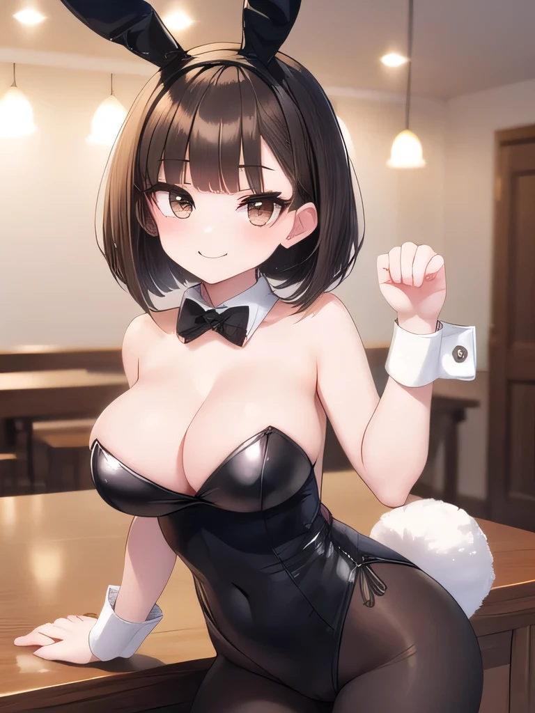 solo girl, 20 years old,paw pose,from avobe,looking at viewer,blunt bangs,bob cut hair,brown hair,brown eyes, medium breast,cleavage,smile,laugh,playboy bunny,black leggings,pub,night,insanely detailed, absurdres, ultra-highres, ultra-detailed, best quality, slender, kawaii, perfect symmetrical face, ultra cute girl, ultra cute face, ultra detailed eyes, ultra detailed hair, ultra cute, ultra beautiful,masterpiece,incredibly absurdres,high detail eyes,