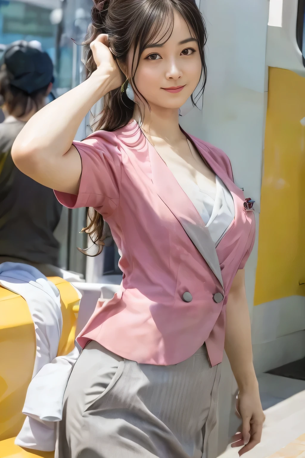 (masterpiece:1.2, Highest quality:1.2), 32k HDR, High resolution, (alone、1 girl)、 (Height: 160cm)、(On the rooftop of a building in the daytime、Professional Lighting)、Building rooftop background、(Nankai train crew uniform pinkを着たリアルスタイル)、(Nankai train crew uniform pink short sleeve collarless pink jacket、Nankai Train Crew Uniform Pink Collarless Short Sleeve Blouse、Nankai Train Crew Uniform Pink Grey Knee-length Culottes)、(The pink jacket is showing from the culottes.)、Dark brown hair、(Hair tied up、Hair tied up、Evening curly hairstyle)、Dark brown hair、Long Shot、Big Breasts、Thin legs、((Great hands:2.0)),((Harmonious body proportions:1.5)),((Normal limbs:2.0)),((Normal finger:2.0)),((Delicate eyes:2.0)),((Normal eyes:2.0)))、smile、(Nankai Train Crew Uniform Pink Grey Knee-length Culottesを見せた美しい歩く姿)、Place your hands around your stomach、Lanyard employee ID card