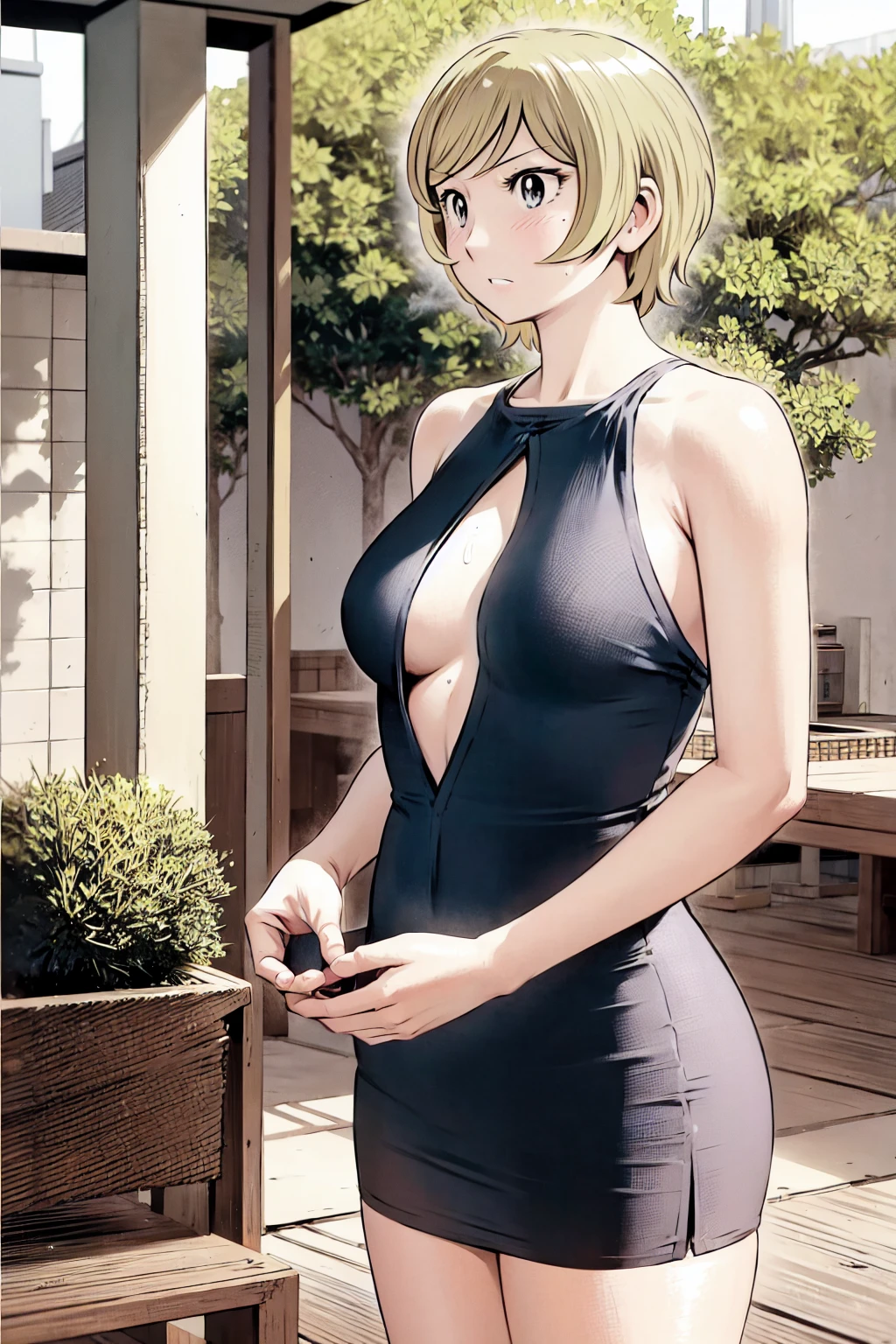 、(masterpiece、Highest quality)、Highest quality, Ultra-high resolution, (((masterpiece))), alone, Sweat、Big eyes, Please show me your armpits, No sleeve、Outdoor、Floral dress、Composition from the front、(Cut the back hair short、short hair、blonde、woman)、Shortcuts、Embarrassed face、Cut your hair short、可愛いwomanの子、Big Breasts