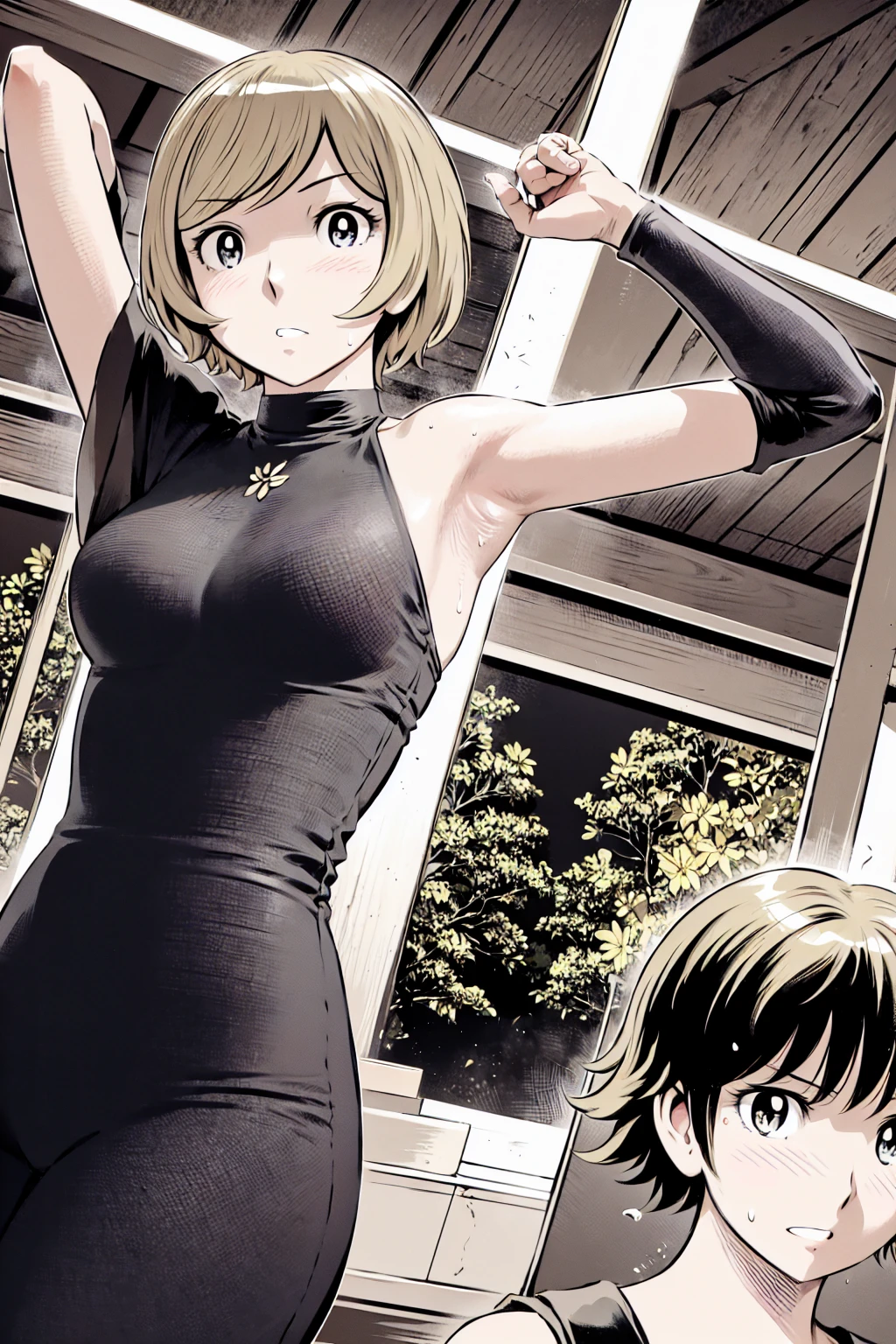 、(masterpiece、Highest quality)、Highest quality, Ultra-high resolution, (((masterpiece))), alone, Sweat、Big eyes, Please show me your armpits, No sleeve、Outdoor、Floral dress、Composition from the front、（Cut the back hair short、short hair、blonde、woman）、Shortcuts、Embarrassed face、Cut your hair short、可愛いwomanの子、Big Breasts
