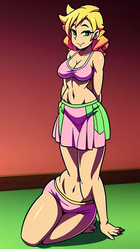 Masterpiece, best quality, Hoshizora rin, yellow eyes, orange hair,(pink tight crop top), halter neck,elbow gloves, (pink latex skirt), in garbage, dirty, bottomless ,standing,earrings ,sweating, dildo in pussy, saliva, totally defeated,after defeat , fighting pose