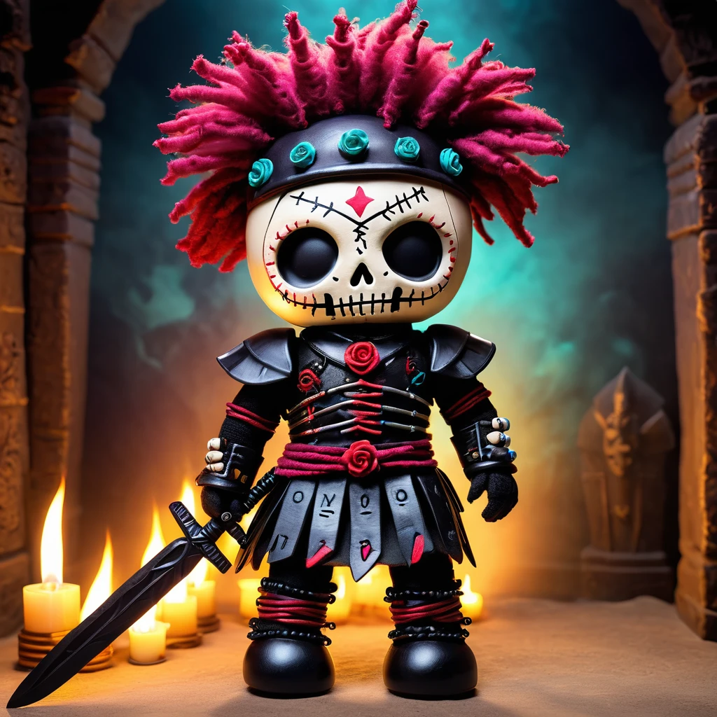 (knitted toy voodoo doll:1.7), (Voodoo Crypt Guardian:1.5), (Clothing: dark armor with skull motifs:1.0), (Accessories: glowing spectral shield, magical ghostly sword, enchanted skull helmet:1.2), (Background: ancient tomb with flickering torches, dusty sarcophagi, and ghostly protectors:1.2), (full body:1.0), best quality, masterpiece, detailed soft oil painting, detailed background, dramatic cinematic lighting, soft edge lighting, professional, dramatic lighting, hard edge lighting, ultra quality, 4k,masterpiece, best quality, 8k, ultra highres, highres, extremely detailed