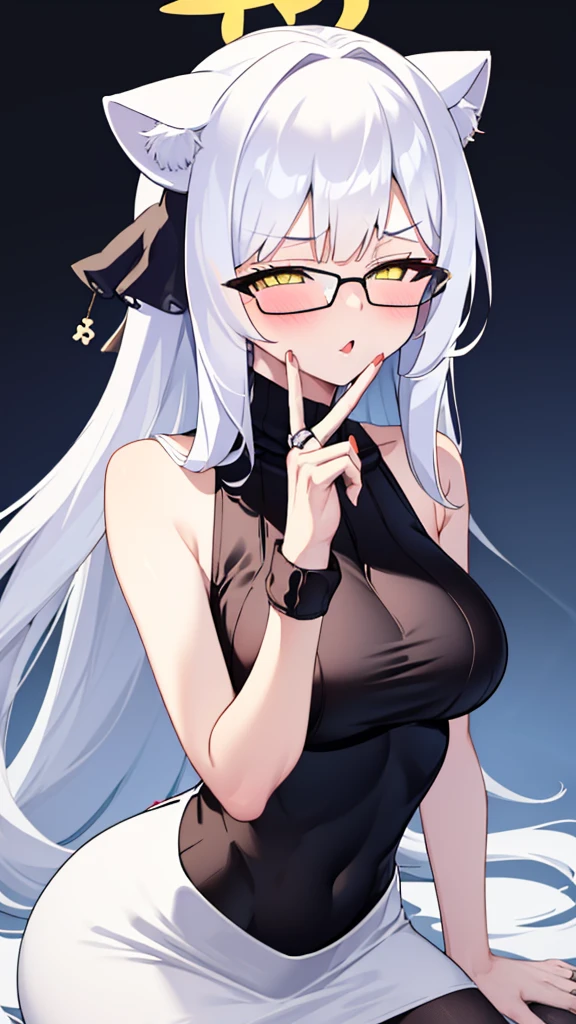 An 18 year old female angel with long, white hair, yellow eyes, white cat ears, and large white angel wings. yellow halo ring round white glasses (Black halter turtleneck, purekiller sleeveless sweater, backless sexy white dress.) white arm warmers finger touching lips