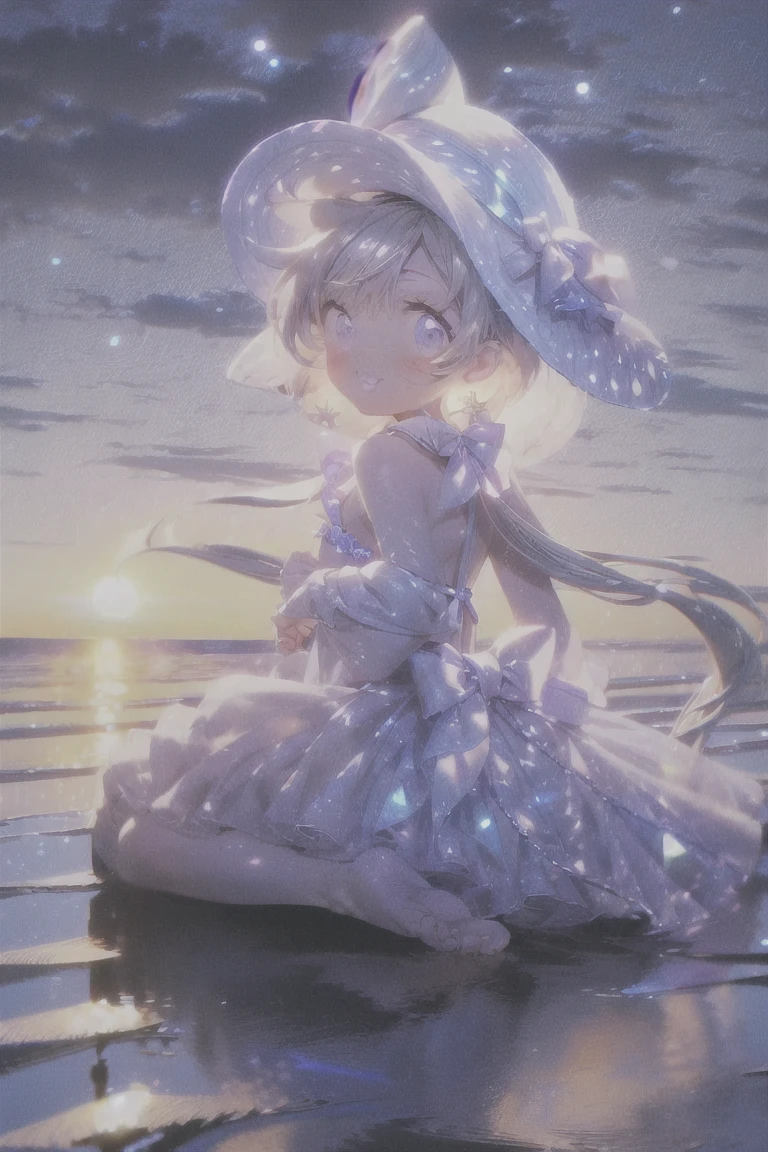  best quality:1.4), (masterpiece:1.4), ultra-high resolution, 8K, CG,1girl, solo, long hair, looking at viewer, smile, open mouth, bangs, blue eyes, hat, bow, ribbon,jewelry, beach,Kneeling on the beach,ass,looking back,back,earrings, outdoors, frills, sky, day, blue sky, side-tie bikini bottom, ocean, hat bow,bow,bikini,sun hat, straw hat,foot,full body, complete foot,((poakl)),shenhe (genshin impact),curtains, 1 girl