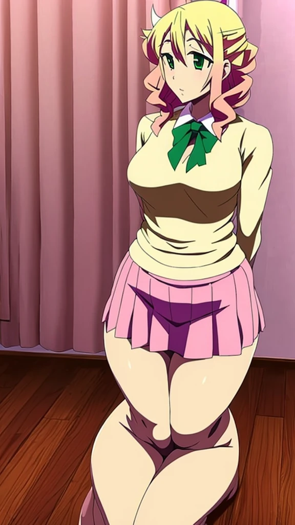 In anime A  demon girl Sexy young beautiful attractive beautiful popular yellow hair long curly menchon forehead pink bow her green eye dresses white blouse tied knot put on green bow chest shows navel curve wide sexy and her green skirt short black heel 