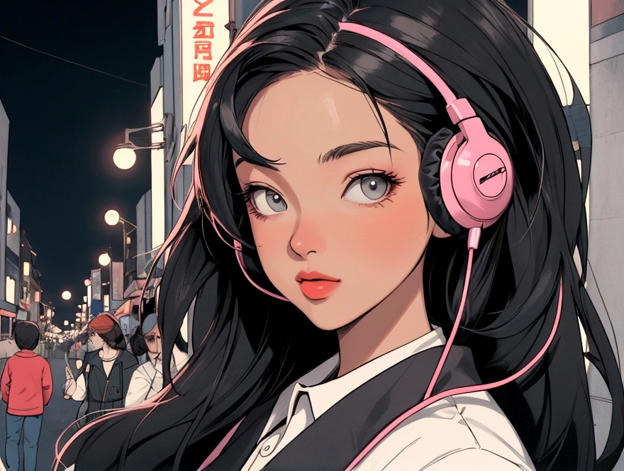 Street fashion girl Headphones LOFI Retro Stylish 1980s City night