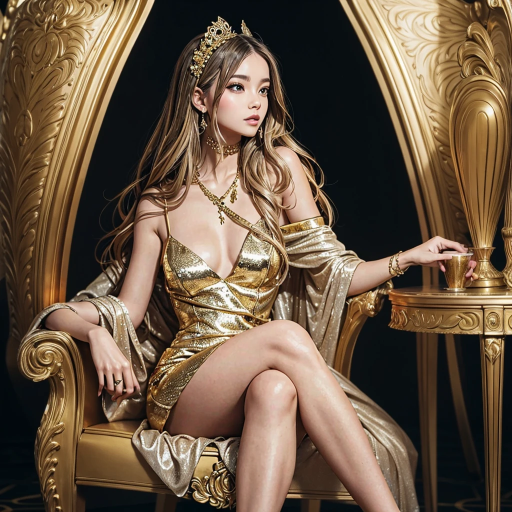 Elegant girl sitting in the gold chair and put ELLEZY in the backdrop 