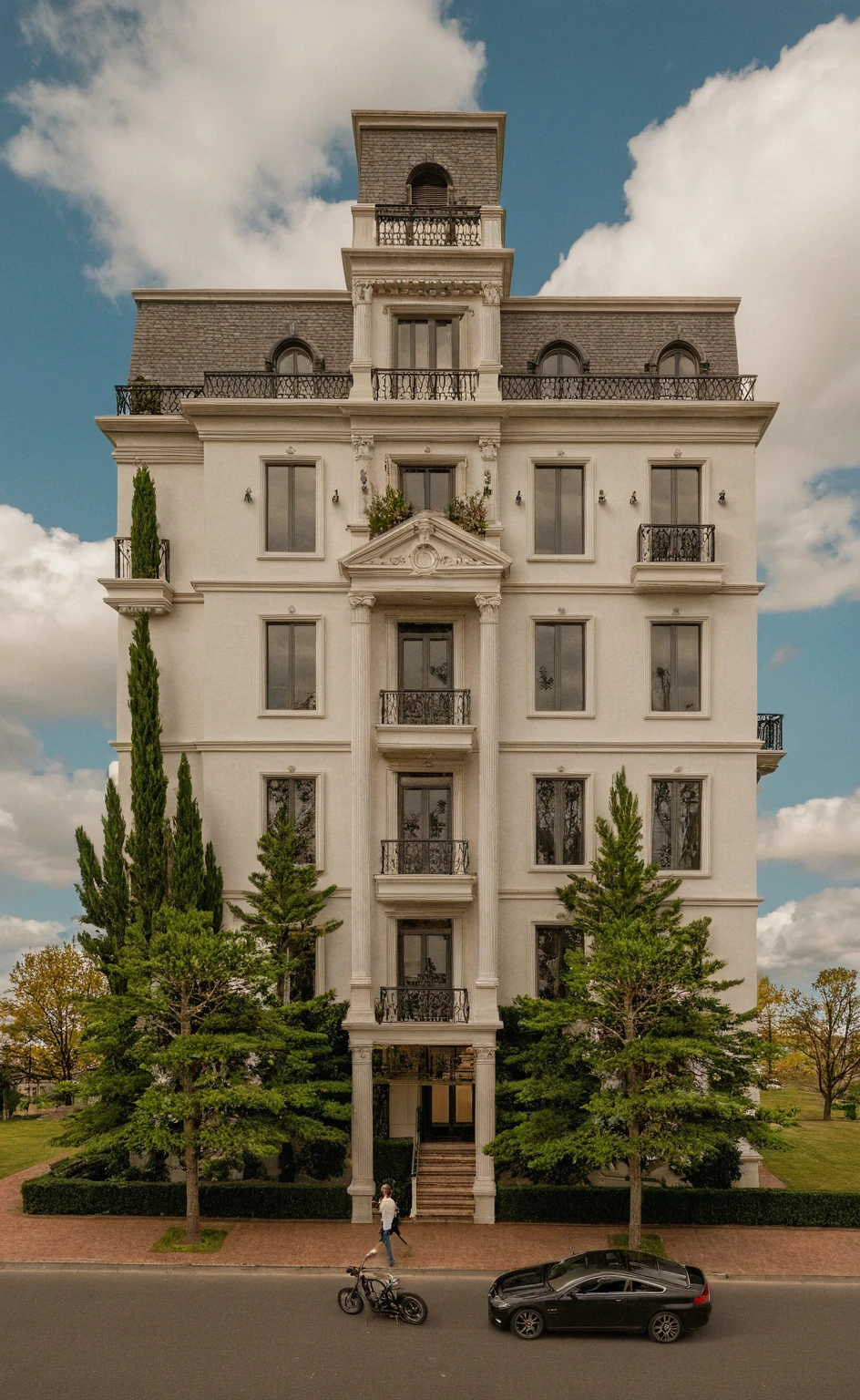 Raw photo,Masterpiece, high quality, best quality, authentic, super detail,
exterior, outdoors, house style neoclassic on the street ,aiaigroup, car, human, man, girl, motobike
road,pavement, grass, trees, sky, cloud, (day:1.1)