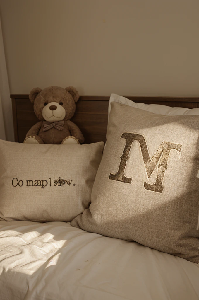 Two pillows, one with the letter "n" and the other pillow with the lyrics "m", who finds stars and teddy bears around the pillows. In the middle that says (rest happy)