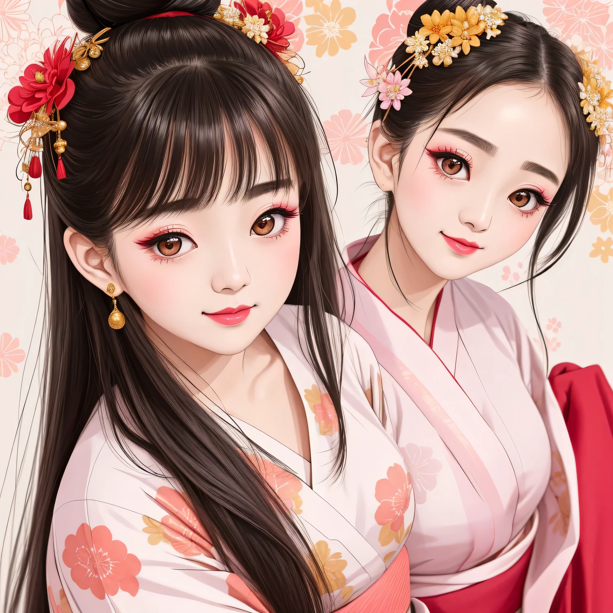 Each has a different expression２People and sisters、(２ girls）、｟Dancing traditional arts with grace)、((Big Breasts、Small Face、Not exposed))、Highest quality、masterpiece、（Black Hair、Bun Hair）、Brown Eyes、｟Wide angle、Angle from above the waist、雑誌の表紙のtracing、Their gazes are different, staring into the distance｠、(８K High Quality、masterpiece、High resolution、Realistic and beautiful light and shadow、(Highest quality)、(High Resolution)、(Very delicate and beautiful)、(Beautiful 8k face)、(With a smile、Beautiful eyes)、(Clear skin)、(Soft hair)、(８Head to Body)、(A Japanese style yukata kimono with red, pink and orange floral patterns on a white background, interspersed with gold powder、Wearing a yukata２Beautiful Japanese girls)、((Tanabata decoration background))、((Small Face))、(arms up)、Thin and small nose、（Red lipstick）、（Make your cheeks red）、（Glossy skin）、((Ink painting style))、Very thin eyebrows、Overall ultra-high image quality、（She is wearing maiko-style makeup.）、Whitening、Long and beautiful eyelashes、Glowing Skin、（Red cheeks）,Straight nose、masterpiece、Highest quality、whole body、 Eyebrows visible through hair、Bun Hair、Grin、gal、コgal、Viewer&#39;s eyes、Plaid、Stylish、woman、fine、tracing、
Waiting to start 
