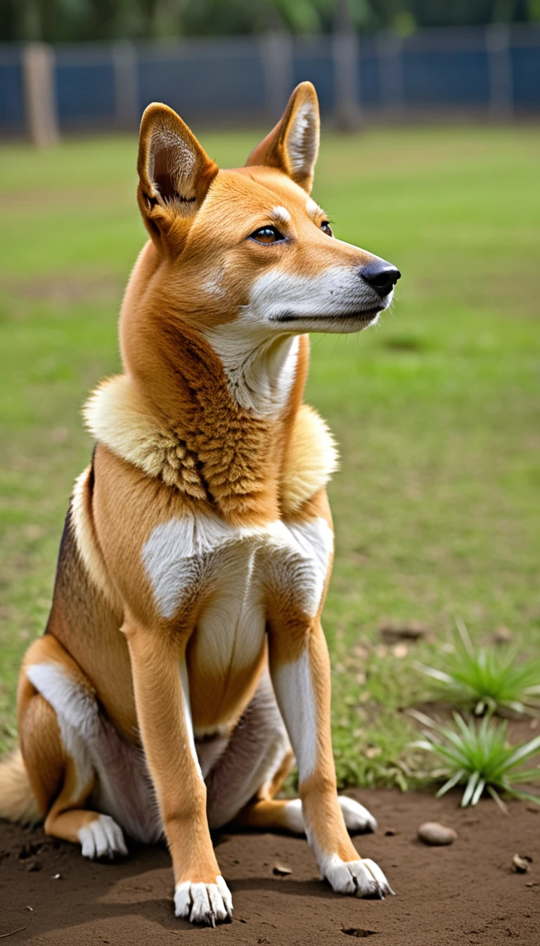There is no one, realistic photo, photo realism, realism, New Guinean Singing Dog(New Guinea Singing Dog), perfect composition, intricate details, Very sharp, masterpiece, profile, high resolution, looking at the viewer, Full body photo in the dog park