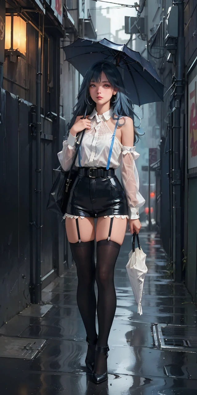 (best quality, masterpiece: 1.3), 1girl, rainy day, fog, alley, umbrella holding, large and transparent umbrella, looking at the viewer, blue hair, facing the photo, cyberpunk city, alone in the alley, neon in the alley, very reflective city, long hair, sized strands going over the alley, bars, Japan, Tokyo, garter belt on one leg, knee pad on the other leg, perfect hand, delicate, night